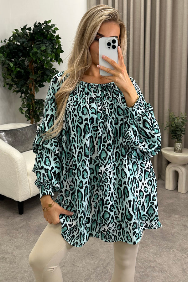 Marlina Green Leopard Print Tier Long Sleeve Bardot Top